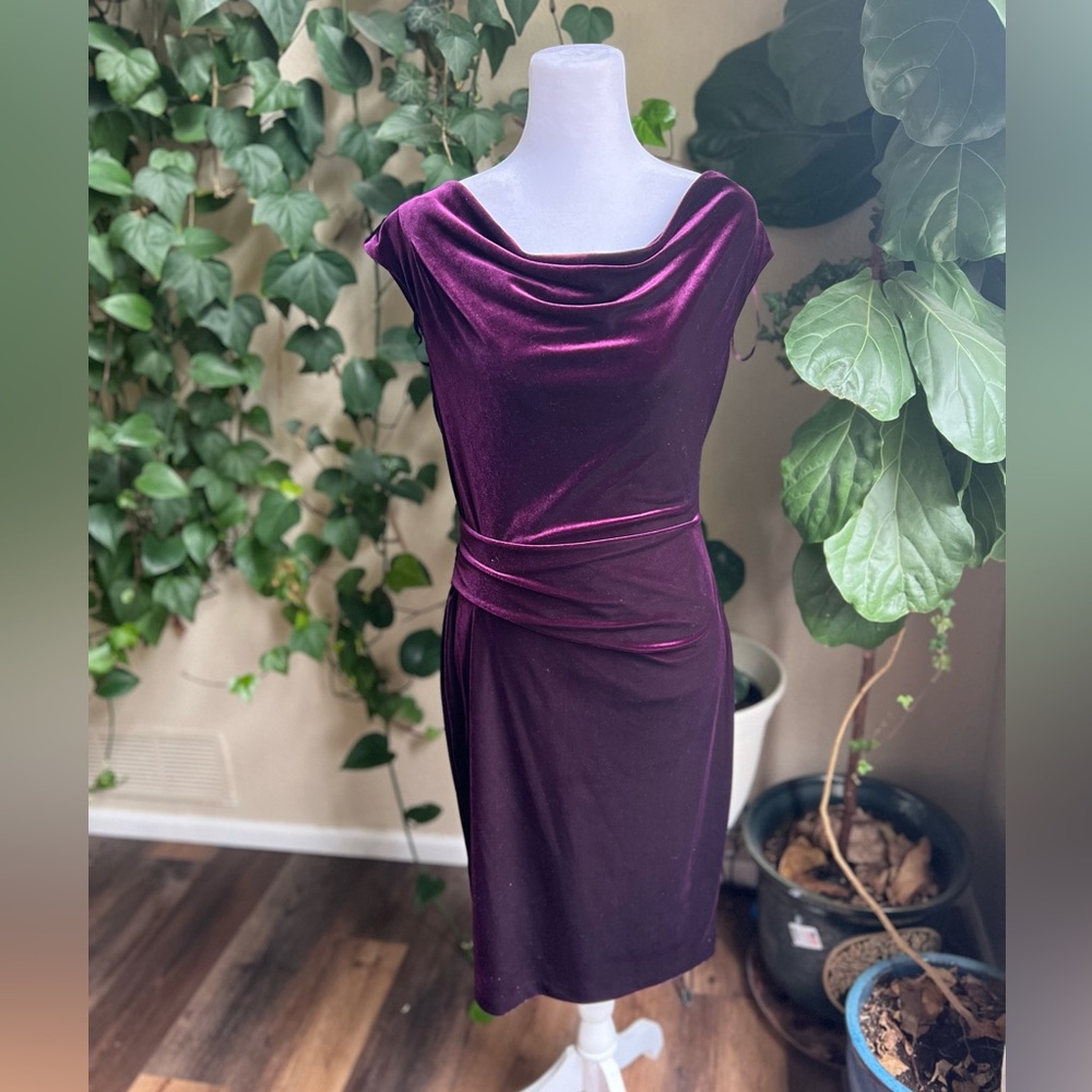JESSICA HOWARD Purple Velvet Y2K style midi Cowl Neck Fitted Dress | 8